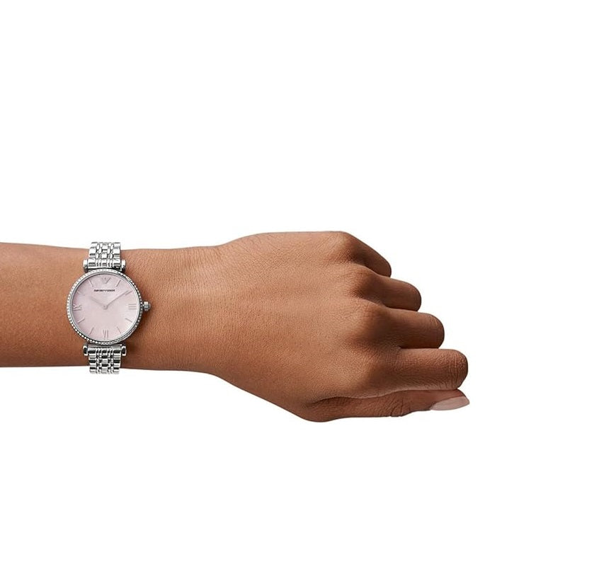 Emporio Armani AR1779 women’s watch front view with pink dial and silver strap
