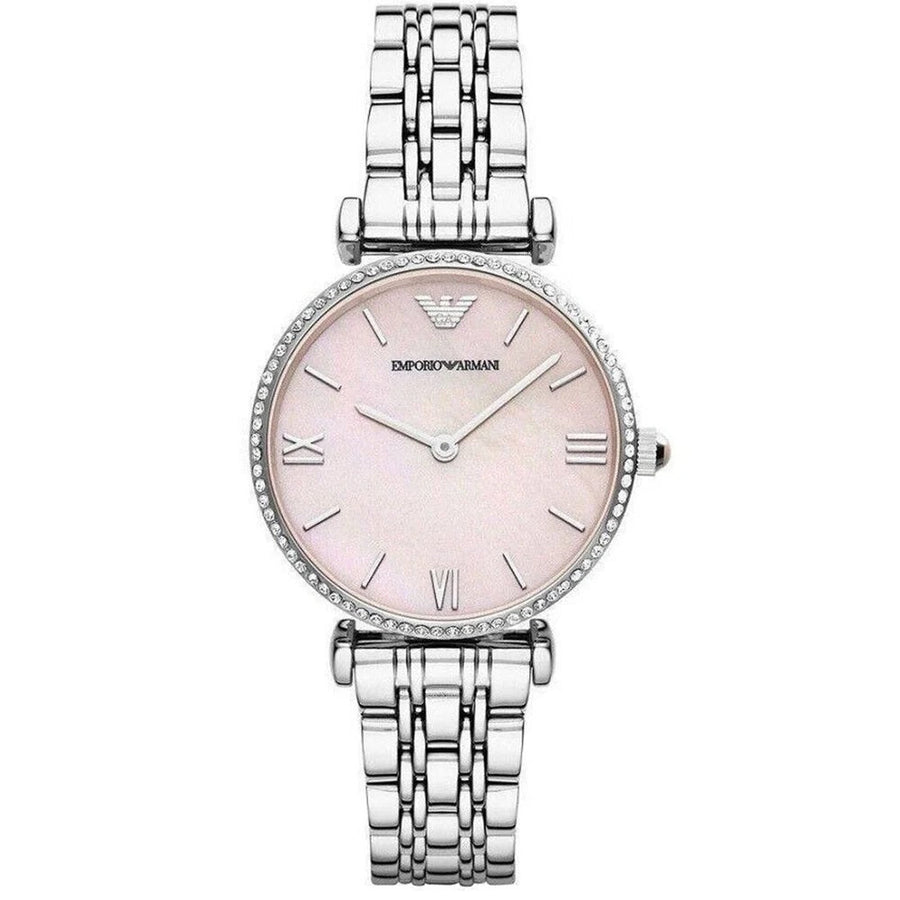 Emporio Armani AR1779 women’s watch front view with pink dial and silver strap