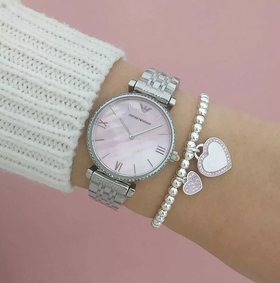 Emporio Armani AR1779 women’s watch front view with pink dial and silver strap