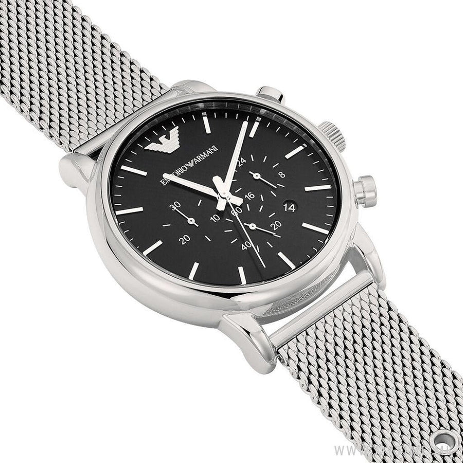 Front view of Emporio Armani AR1808 with black dial and silver mesh bracelet