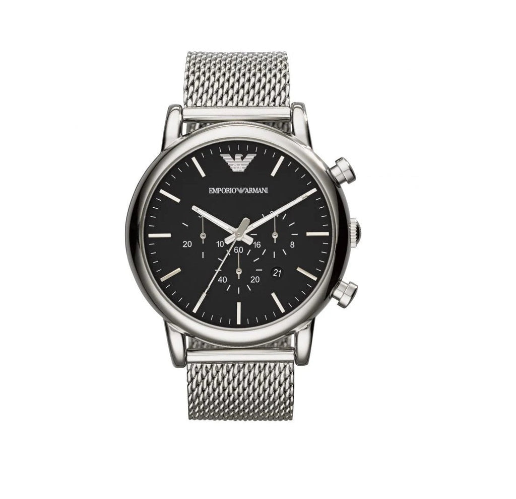 Emporio Armani AR1808 Luigi Mens Watch – Silver Mesh Strap & Black Dial ...