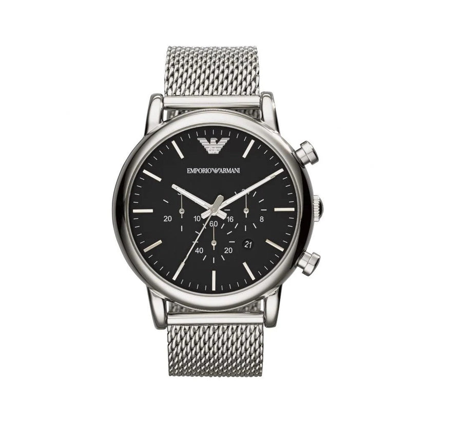 Front view of Emporio Armani AR1808 with black dial and silver mesh bracelet