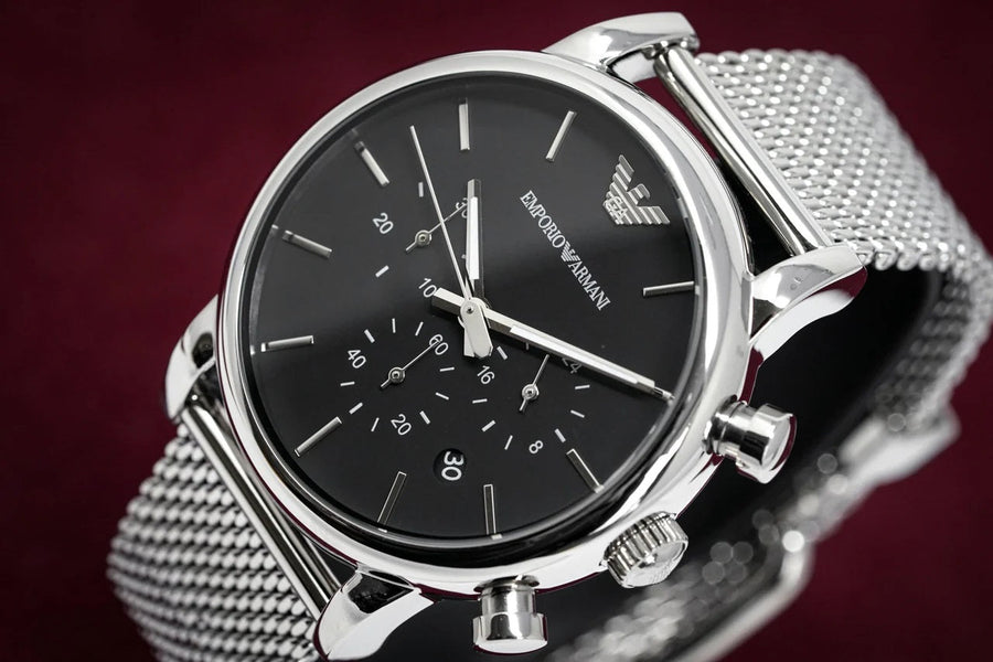 Front view of Emporio Armani AR1808 with black dial and silver mesh bracelet