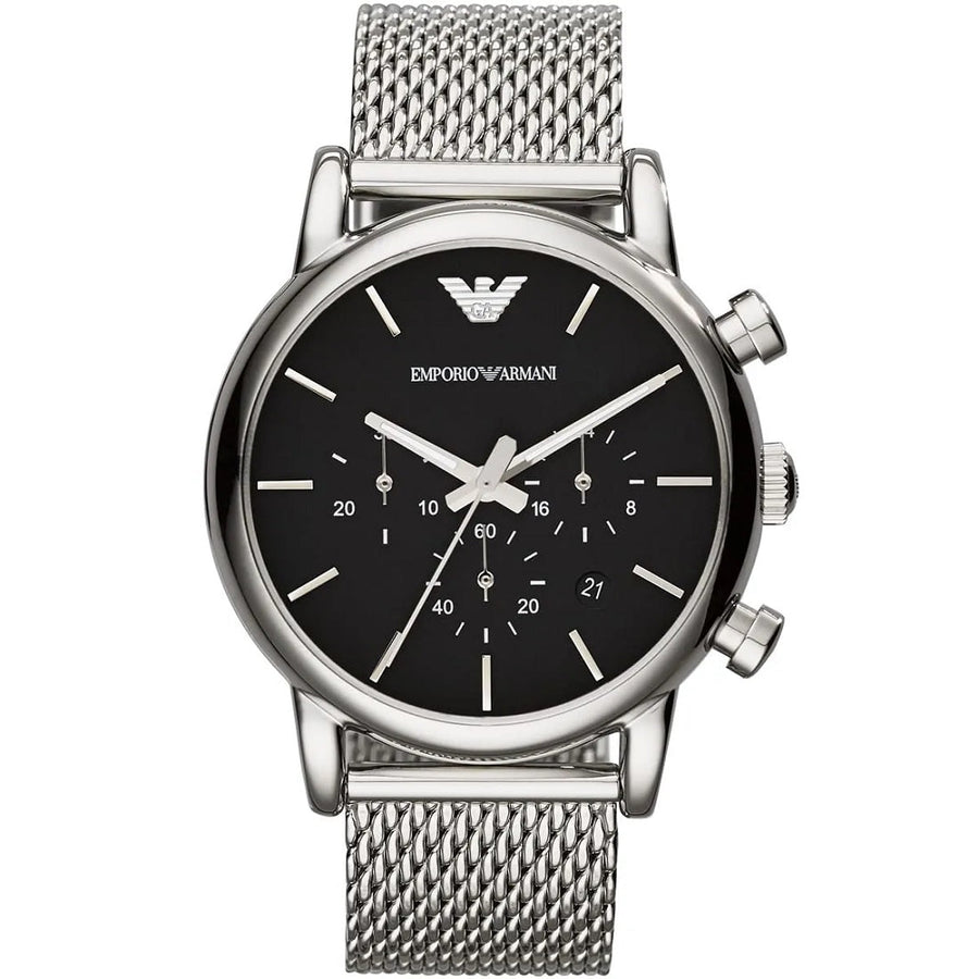Front view of Emporio Armani AR1811 with silver mesh band and bold black dial