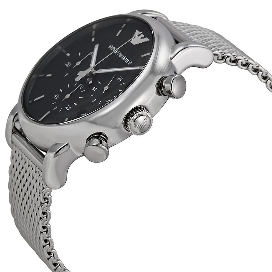 Front view of Emporio Armani AR1811 with silver mesh band and bold black dial