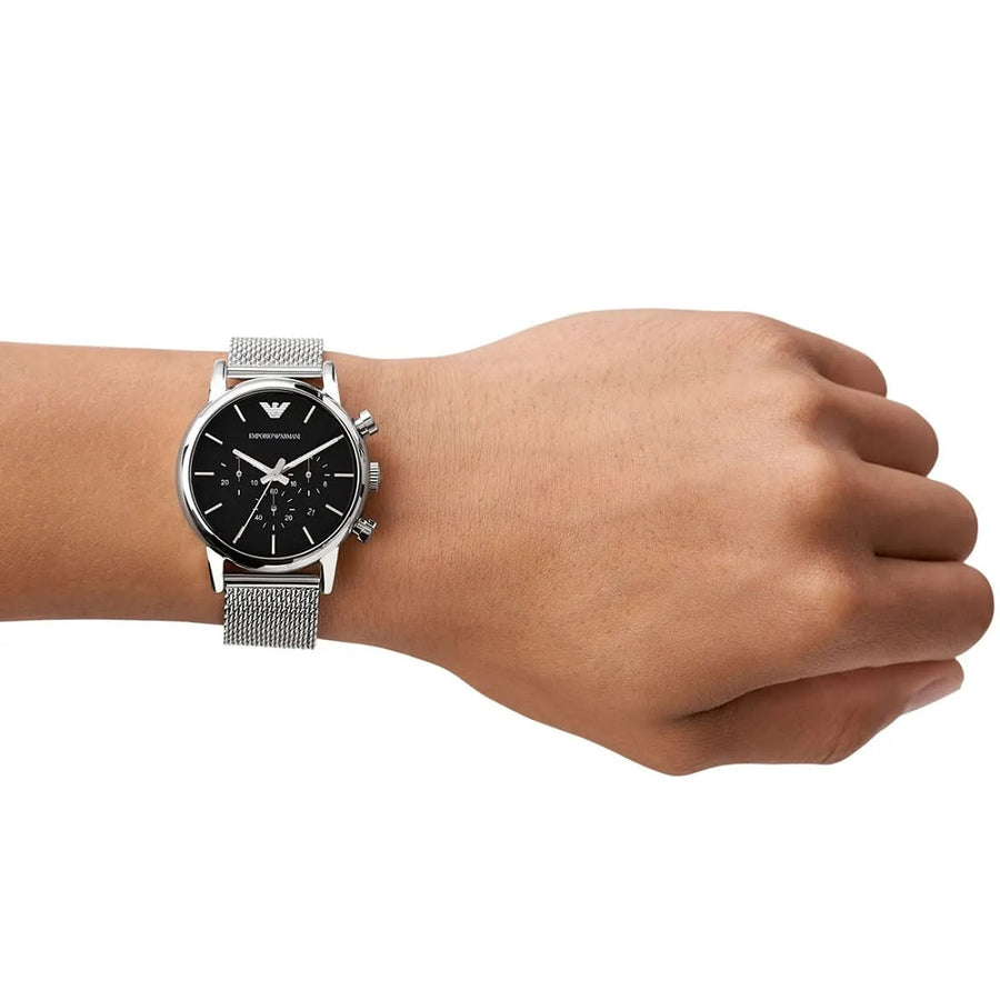 Front view of Emporio Armani AR1811 with silver mesh band and bold black dial