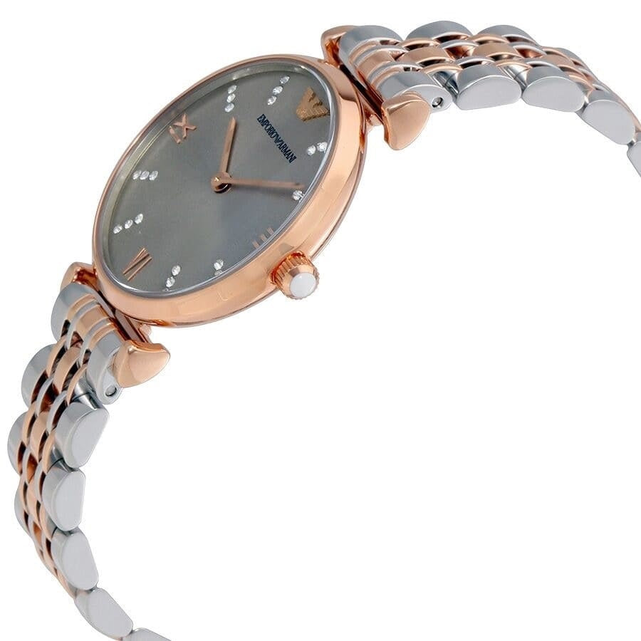 Front view of Emporio Armani AR1840 with two-tone silver & rose gold bracelet and grey dial