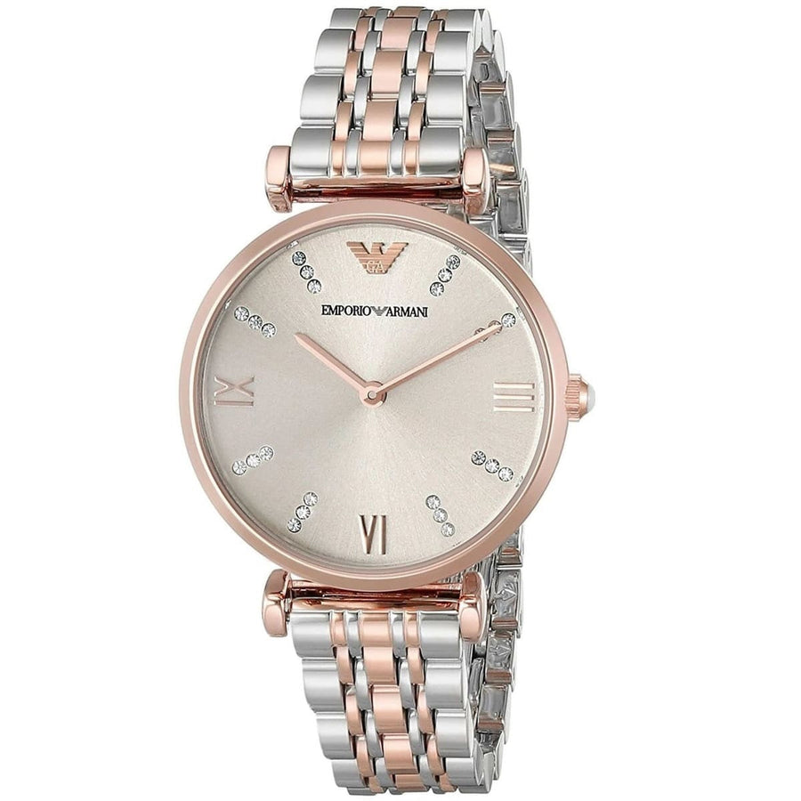 Front view of Emporio Armani AR1840 with two-tone silver & rose gold bracelet and grey dial