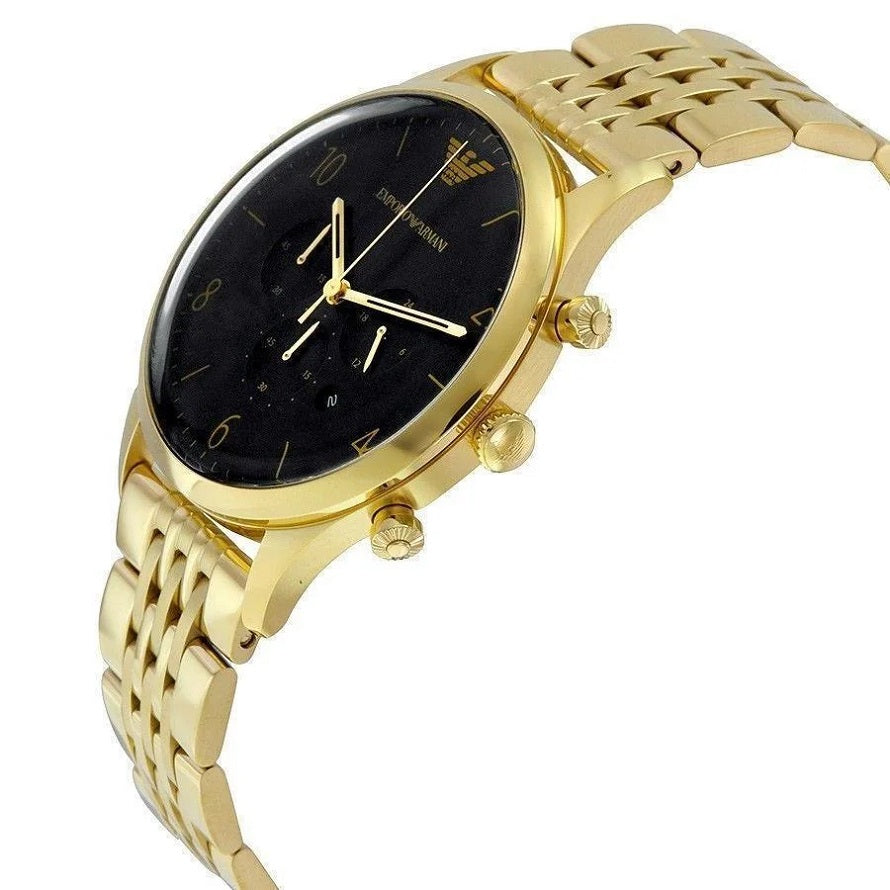 Front view of Emporio Armani AR1893 with gold stainless steel strap and bold black dial