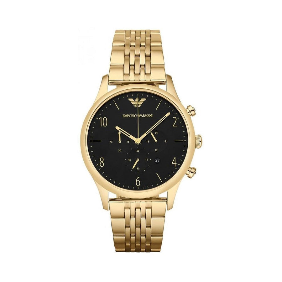 Front view of Emporio Armani AR1893 with gold stainless steel strap and bold black dial