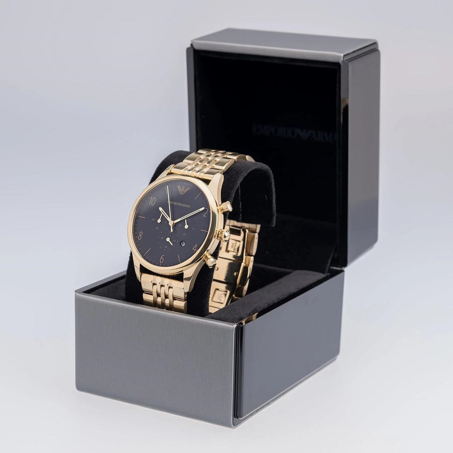 Front view of Emporio Armani AR1893 with gold stainless steel strap and bold black dial