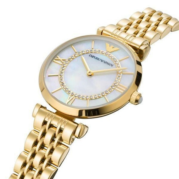 Front view of Emporio Armani AR1907 with gold stainless steel bracelet and mother of pearl dial
