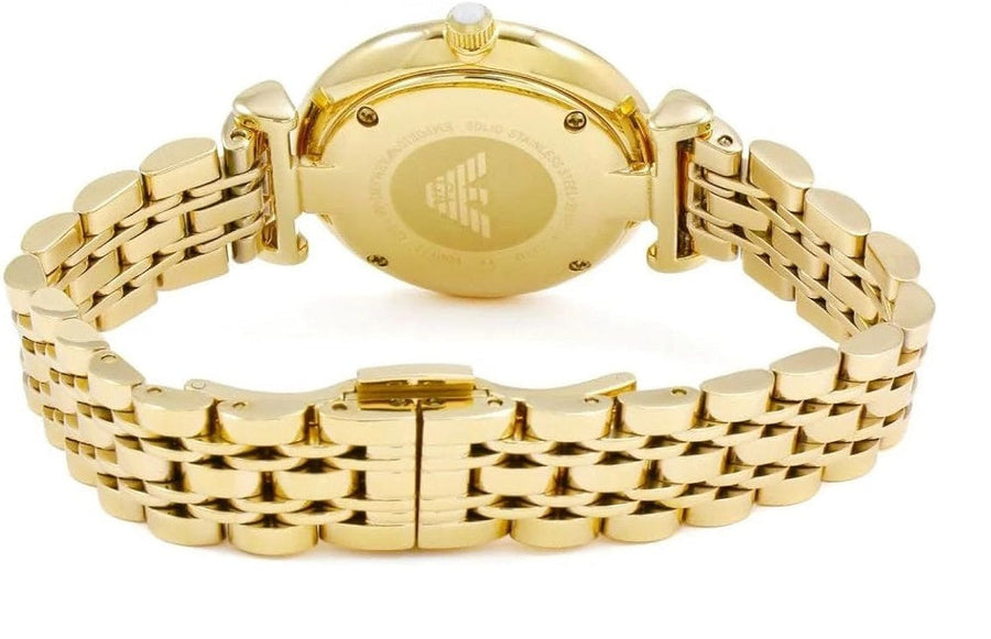 Front view of Emporio Armani AR1907 with gold stainless steel bracelet and mother of pearl dial