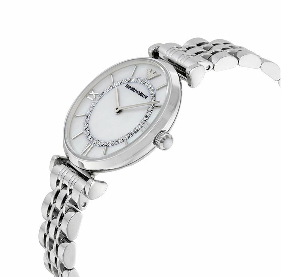 Front view of Emporio Armani AR1908 with silver stainless steel bracelet and pearl dial