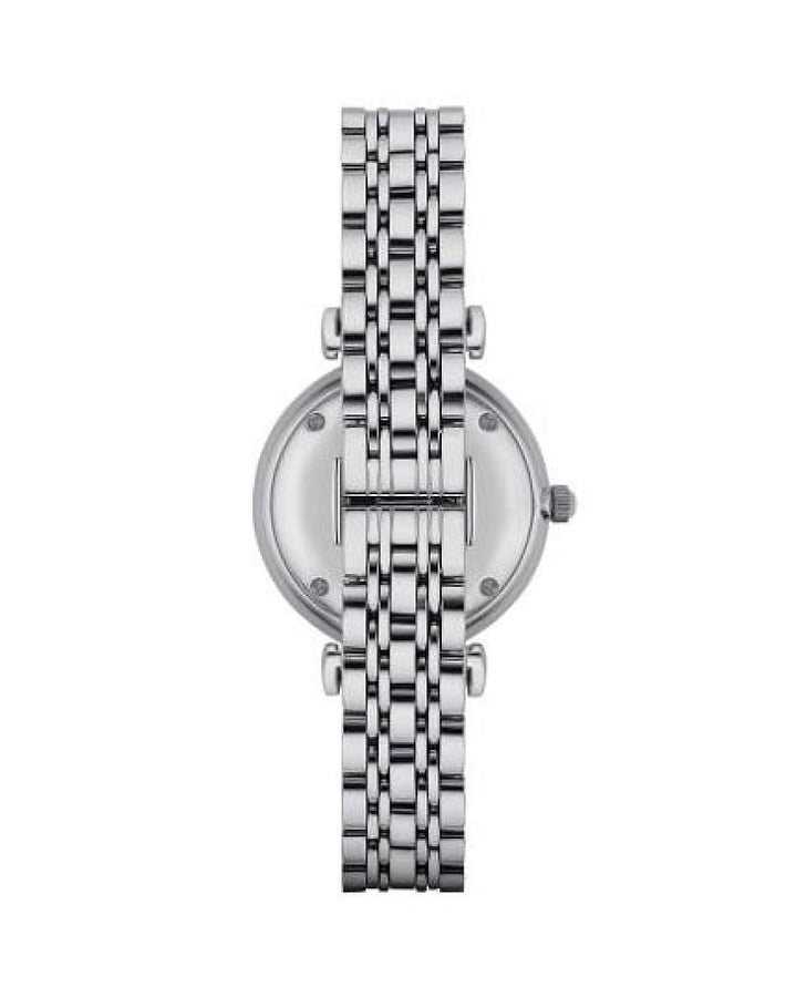 Front view of Emporio Armani AR1908 with silver stainless steel bracelet and pearl dial