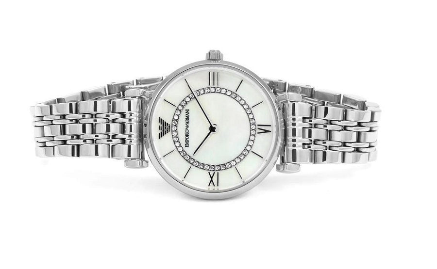 Front view of Emporio Armani AR1908 with silver stainless steel bracelet and pearl dial