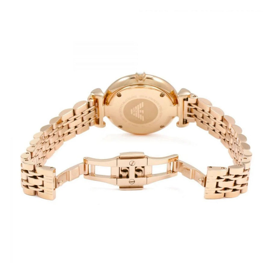 Front view of Emporio Armani AR1909 with a feminine rose gold finish and pearl dial