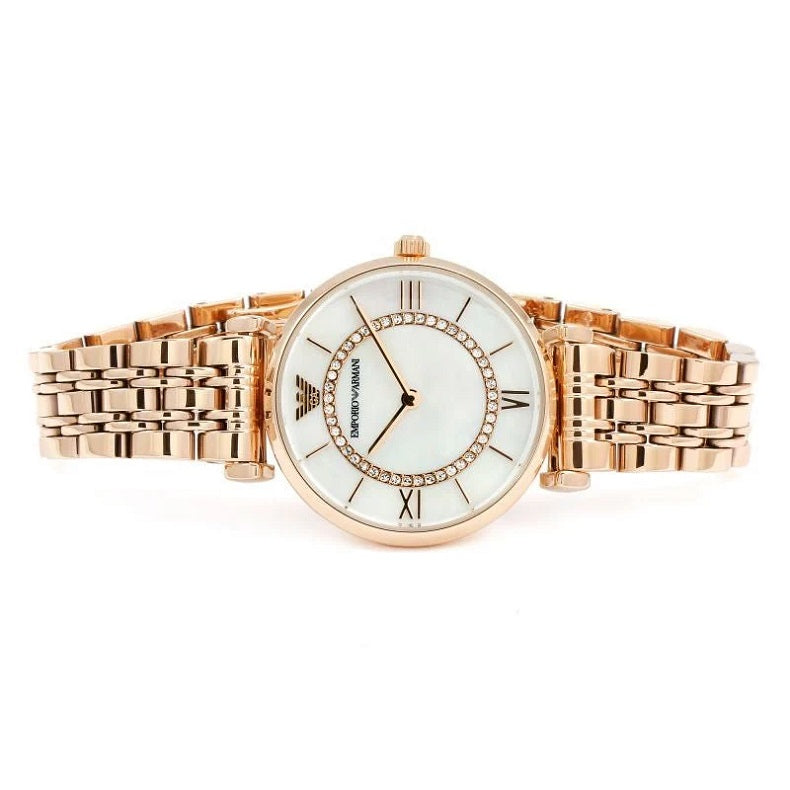 Front view of Emporio Armani AR1909 with a feminine rose gold finish and pearl dial