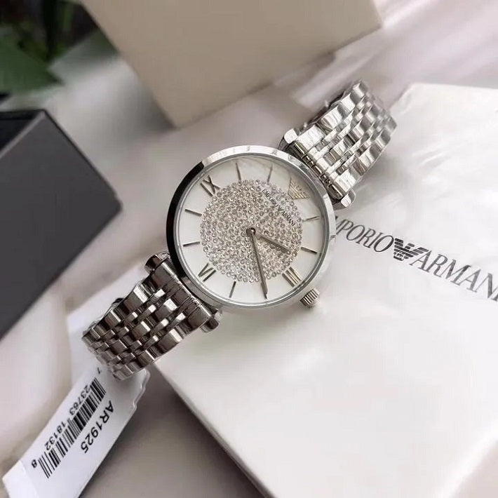 Front view of Emporio Armani AR1925 women’s watch with sparkling white dial and silver bracelet