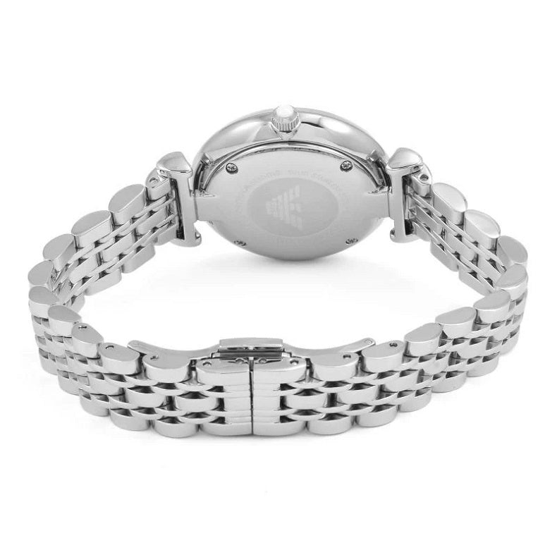 Front view of Emporio Armani AR1925 women’s watch with sparkling white dial and silver bracelet