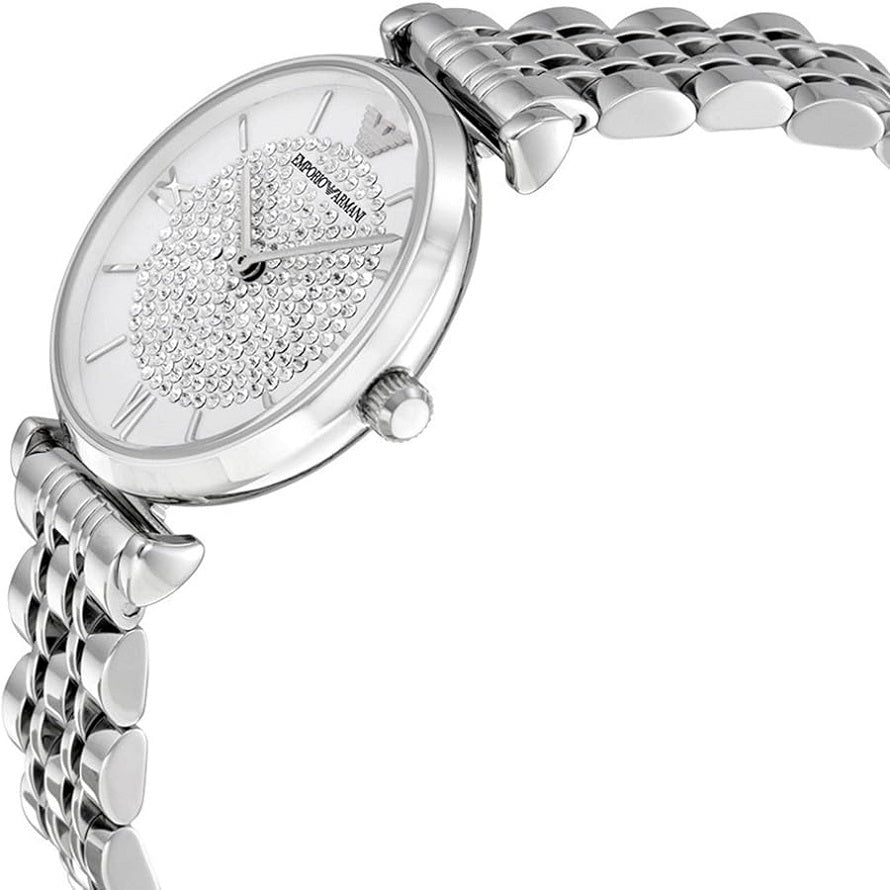 Front view of Emporio Armani AR1925 women’s watch with sparkling white dial and silver bracelet