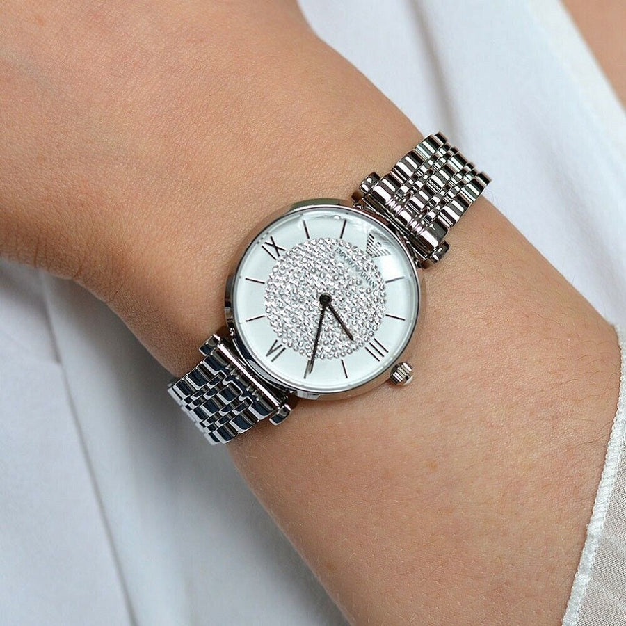 Front view of Emporio Armani AR1925 women’s watch with sparkling white dial and silver bracelet