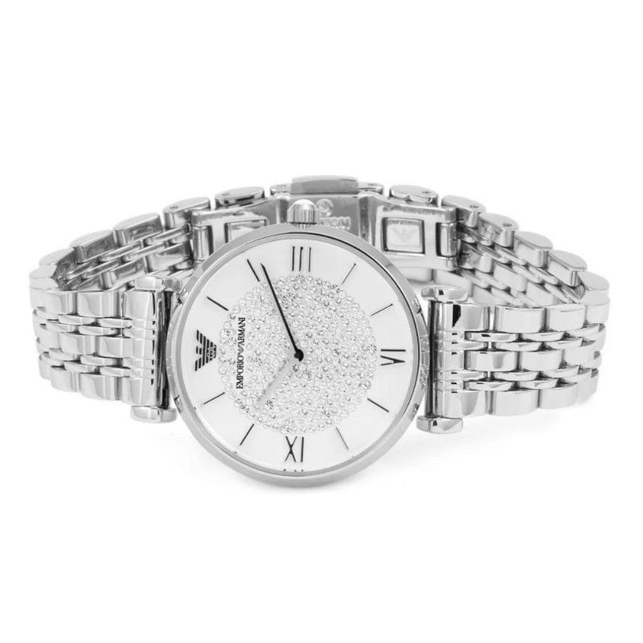 Front view of Emporio Armani AR1925 women’s watch with sparkling white dial and silver bracelet