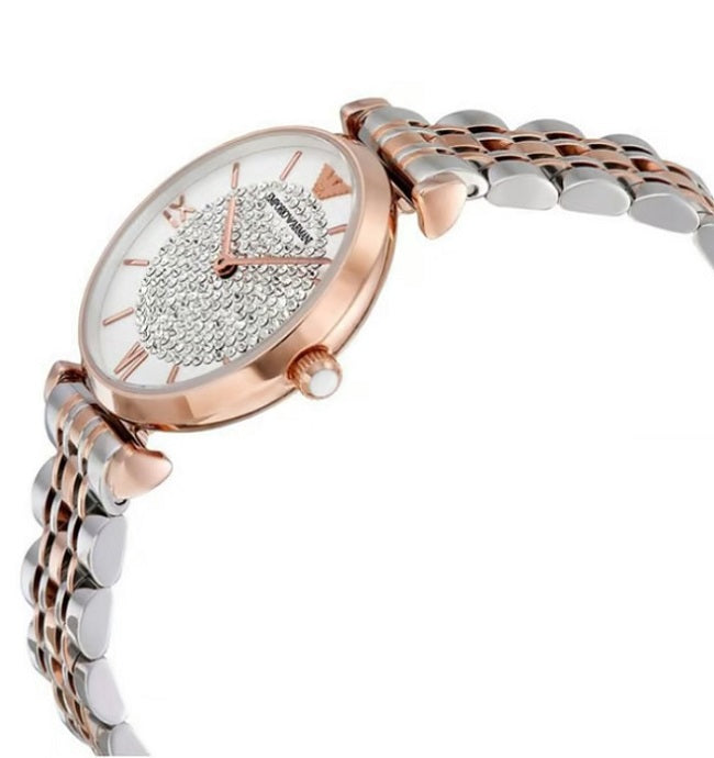 Front view of Emporio Armani AR1926 with elegant two-tone strap and crystal-accented white dial