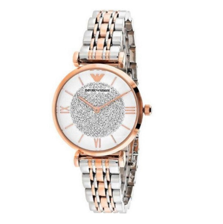 Front view of Emporio Armani AR1926 with elegant two-tone strap and crystal-accented white dial