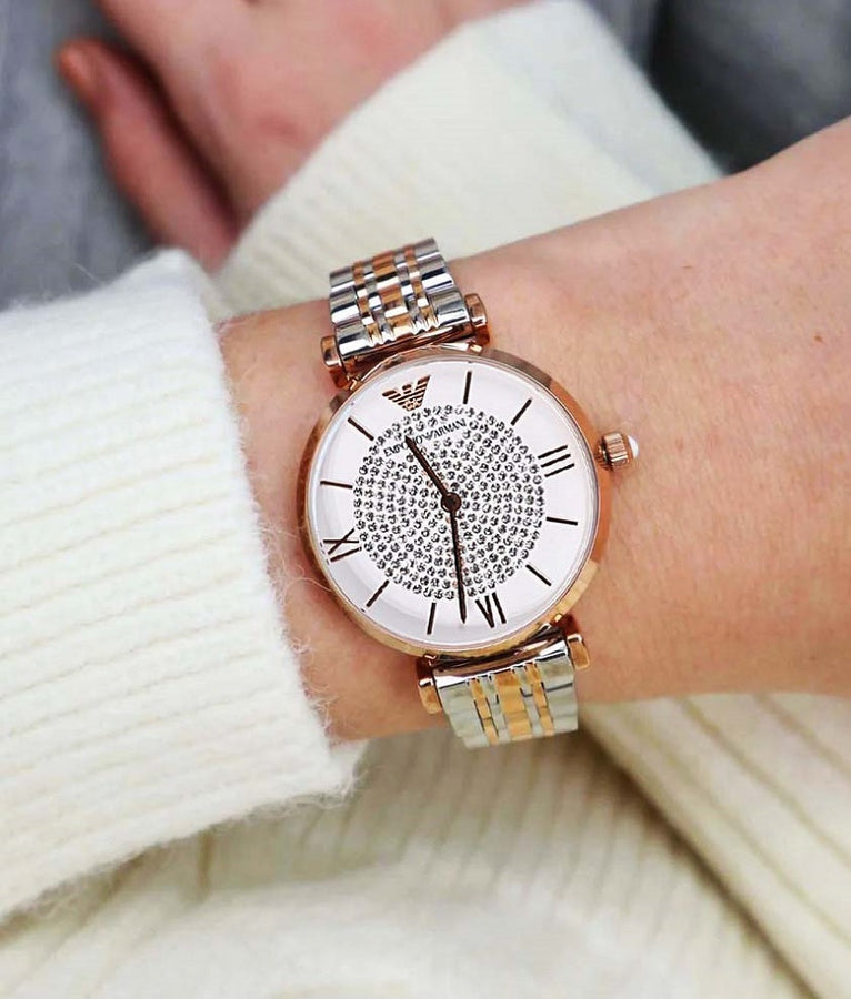 Front view of Emporio Armani AR1926 with elegant two-tone strap and crystal-accented white dial