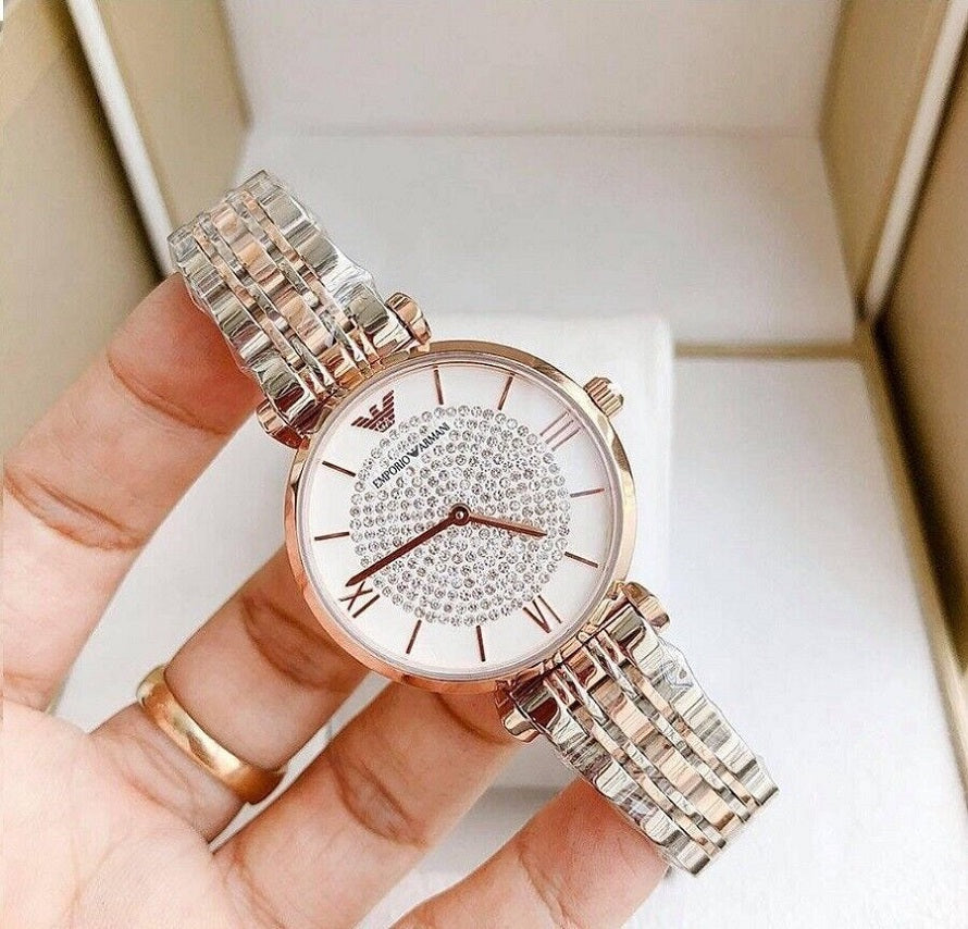 Front view of Emporio Armani AR1926 with elegant two-tone strap and crystal-accented white dial