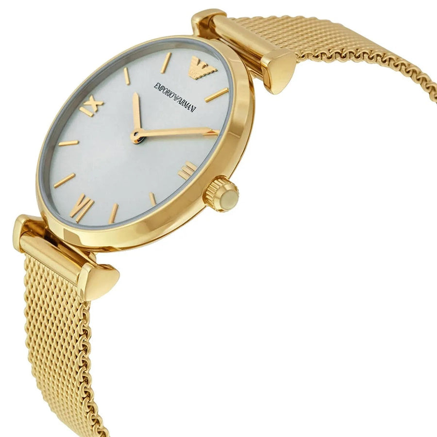 Front view of Emporio Armani AR1957 women’s gold mesh watch with minimal dial