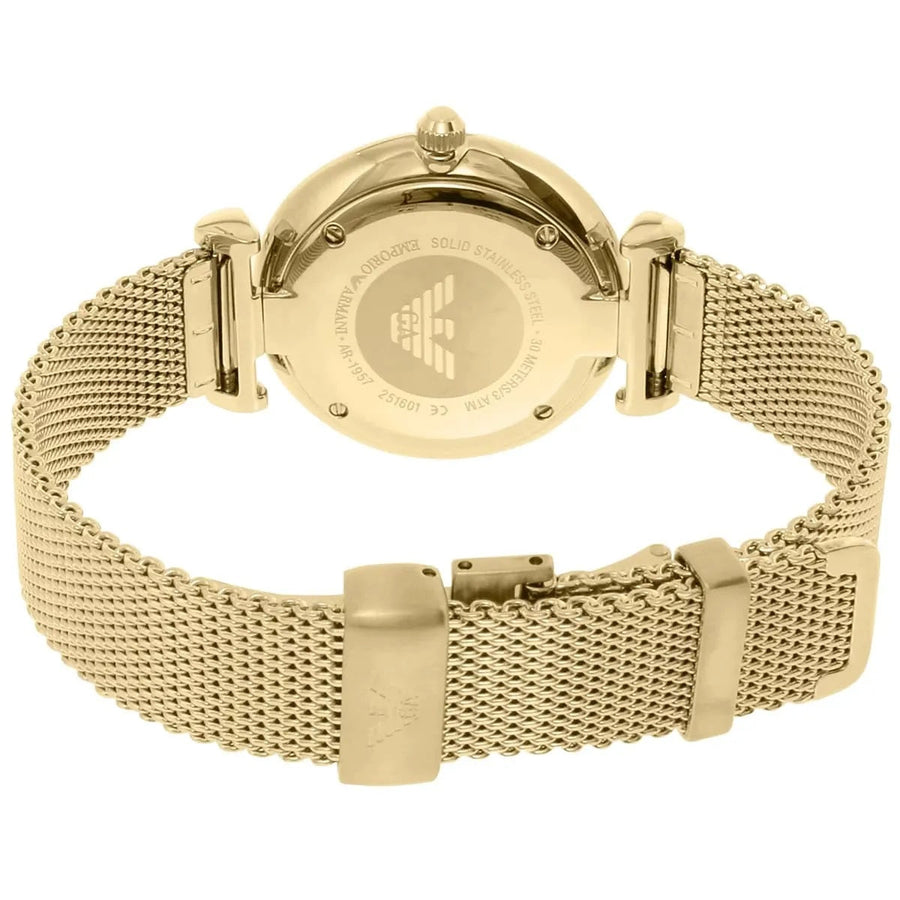 Front view of Emporio Armani AR1957 women’s gold mesh watch with minimal dial