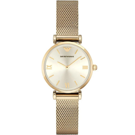 Front view of Emporio Armani AR1957 women’s gold mesh watch with minimal dial