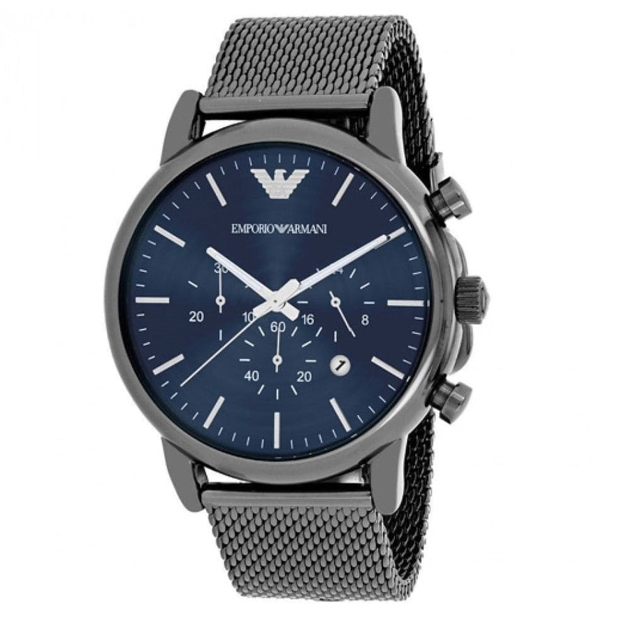 Front view of Emporio Armani AR1979 Luigi with deep blue dial and mesh bracelet