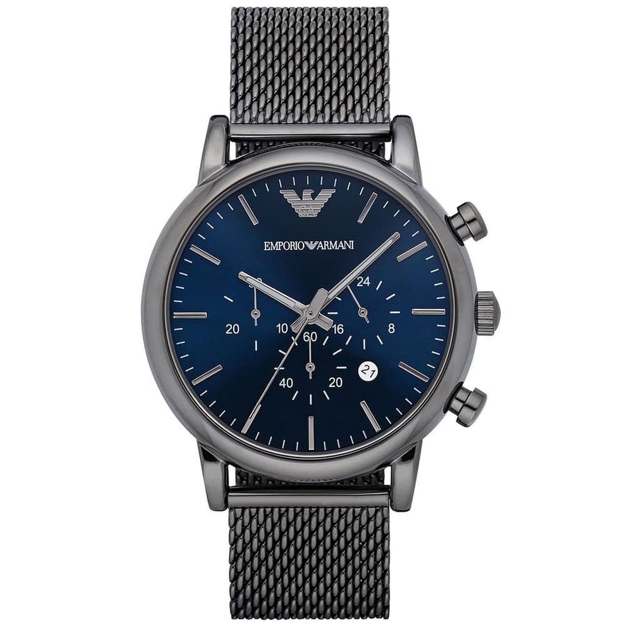 Front view of Emporio Armani AR1979 Luigi with deep blue dial and mesh bracelet