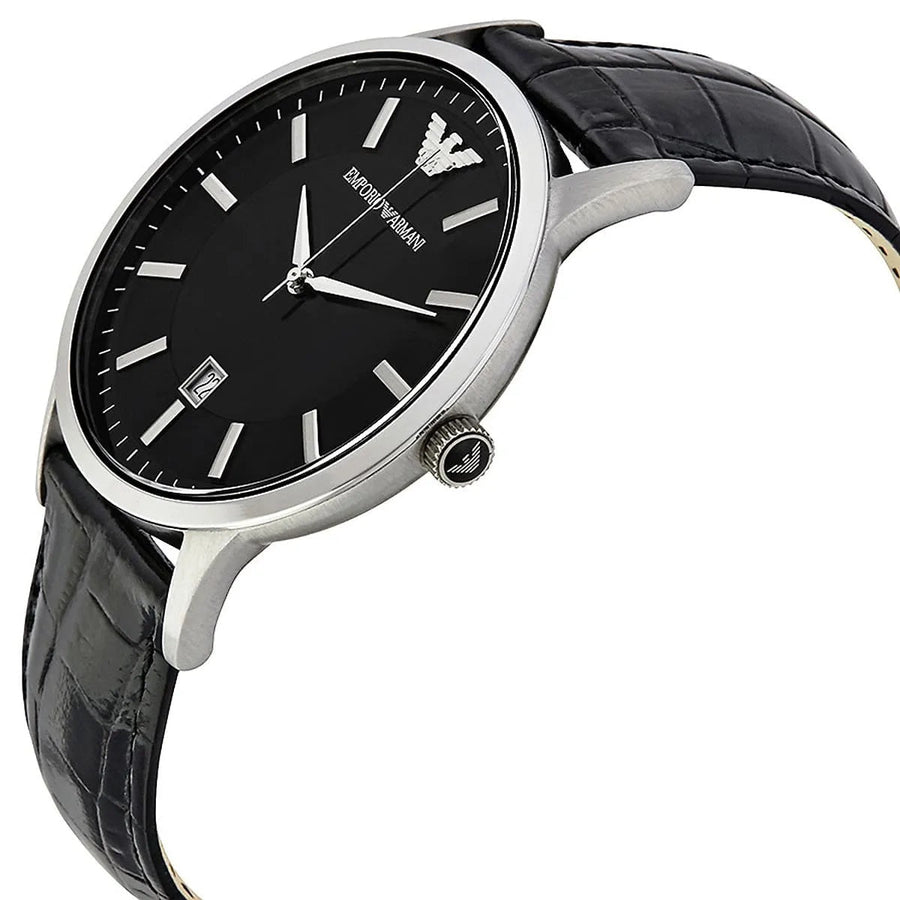 Front view of Emporio Armani AR2411 watch with black dial and silver-tone case
