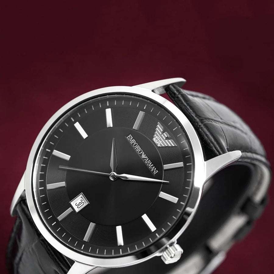 Front view of Emporio Armani AR2411 watch with black dial and silver-tone case