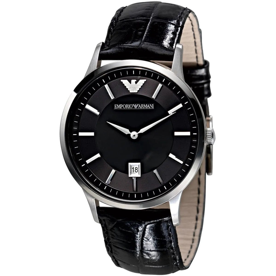 Front view of Emporio Armani AR2411 watch with black dial and silver-tone case