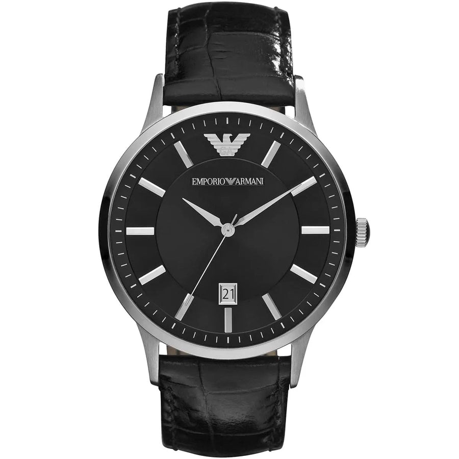 Front view of Emporio Armani AR2411 watch with black dial and silver-tone case