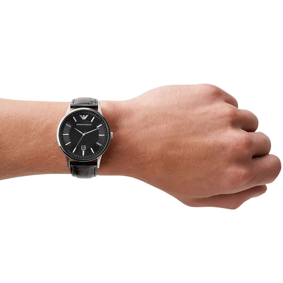 Front view of Emporio Armani AR2411 watch with black dial and silver-tone case