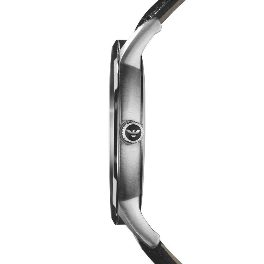 Front view of Emporio Armani AR2411 watch with black dial and silver-tone case