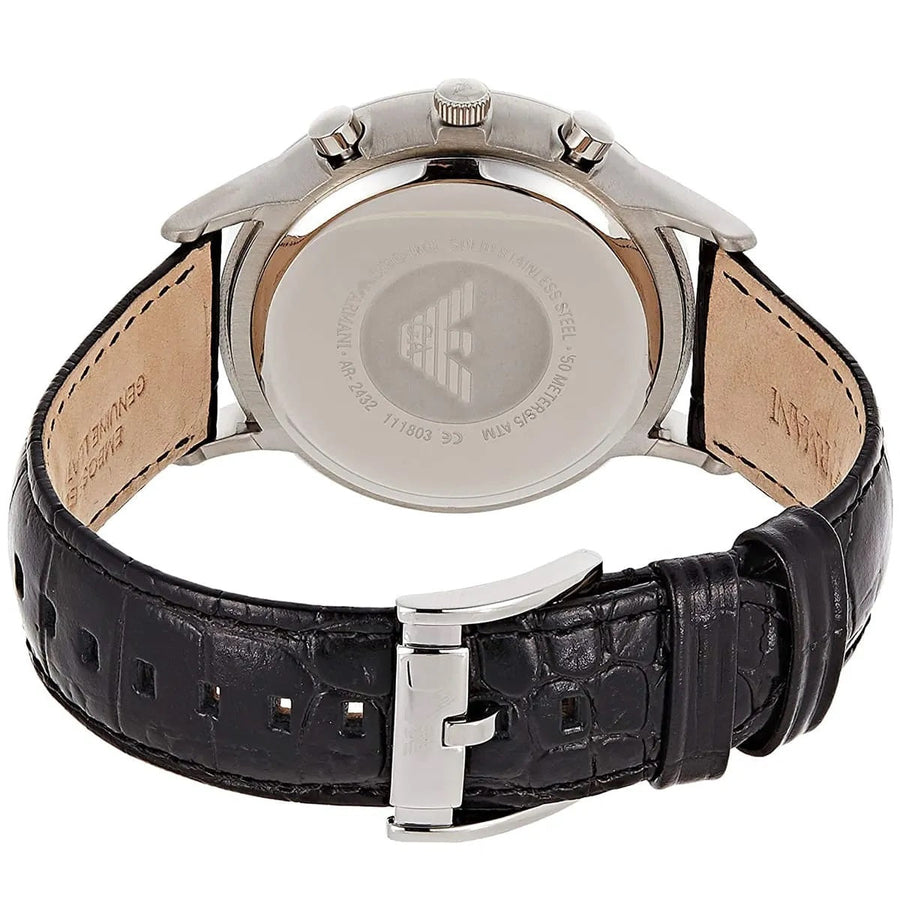 Front view of Emporio Armani AR2432 watch with elegant silver dial and black strap