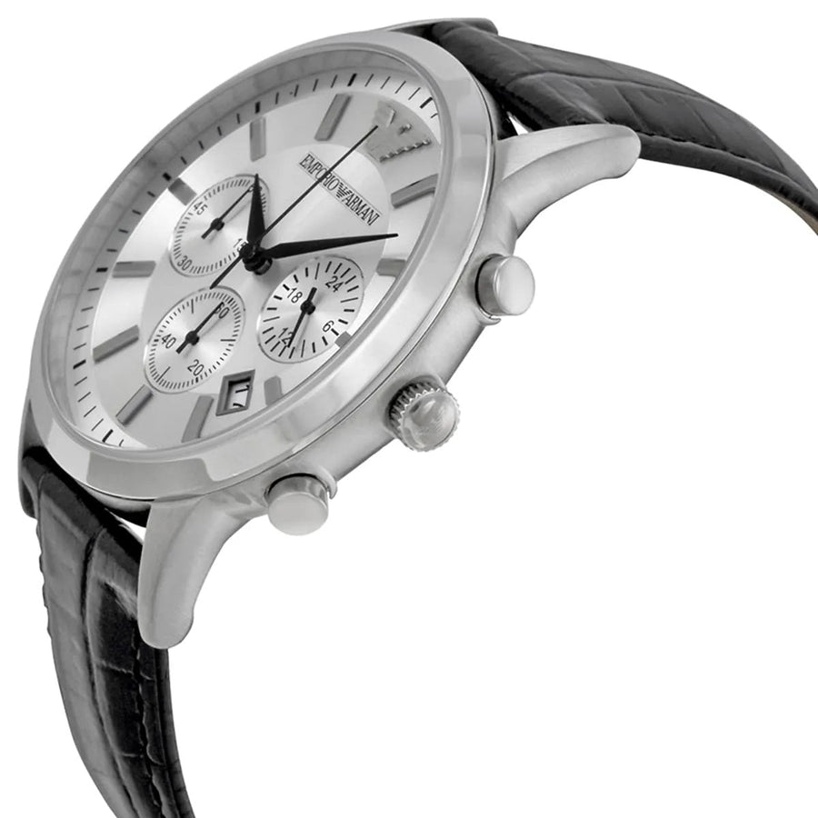 Front view of Emporio Armani AR2432 watch with elegant silver dial and black strap