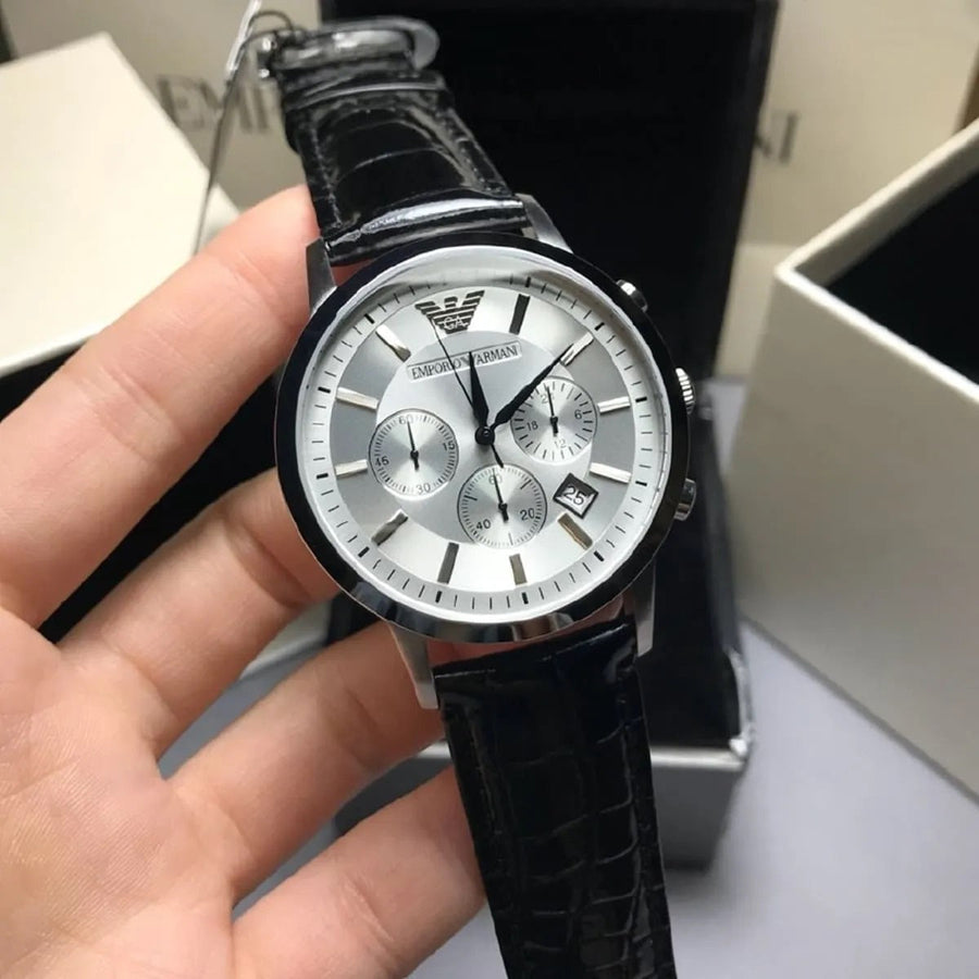Front view of Emporio Armani AR2432 watch with elegant silver dial and black strap