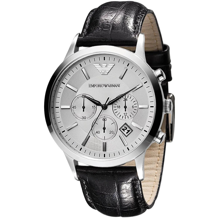 Front view of Emporio Armani AR2432 watch with elegant silver dial and black strap