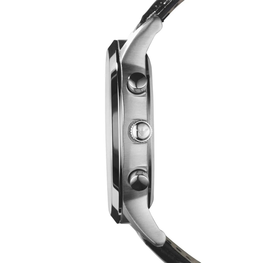 Front view of Emporio Armani AR2432 watch with elegant silver dial and black strap