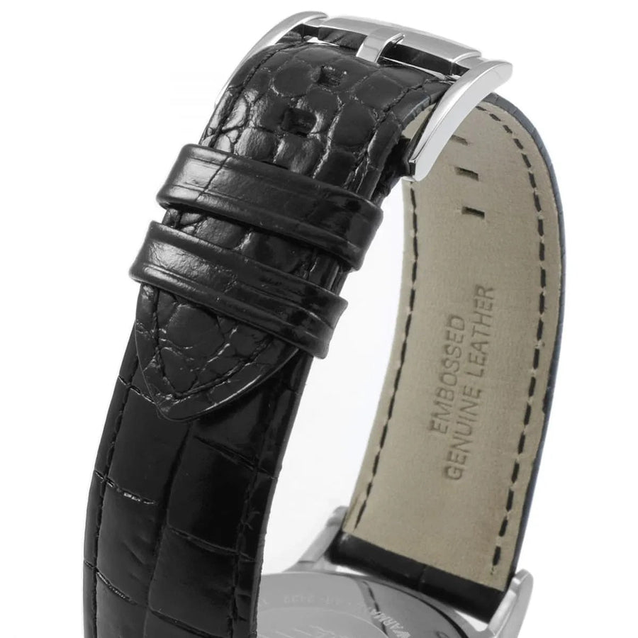 Front view of Emporio Armani AR2432 watch with elegant silver dial and black strap