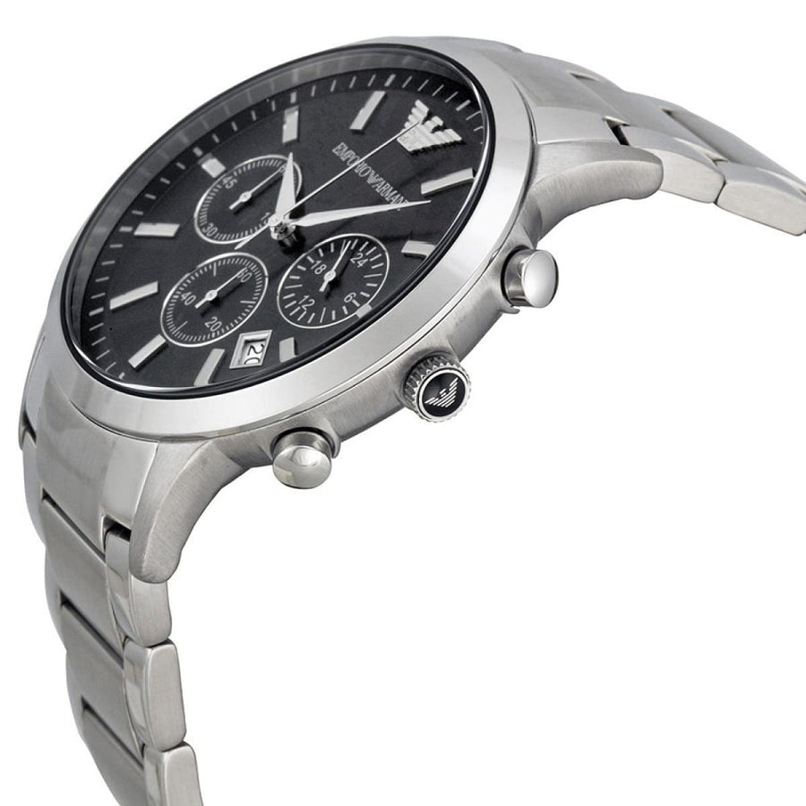 Front view of Emporio Armani AR2434 Renato with black dial and polished silver case