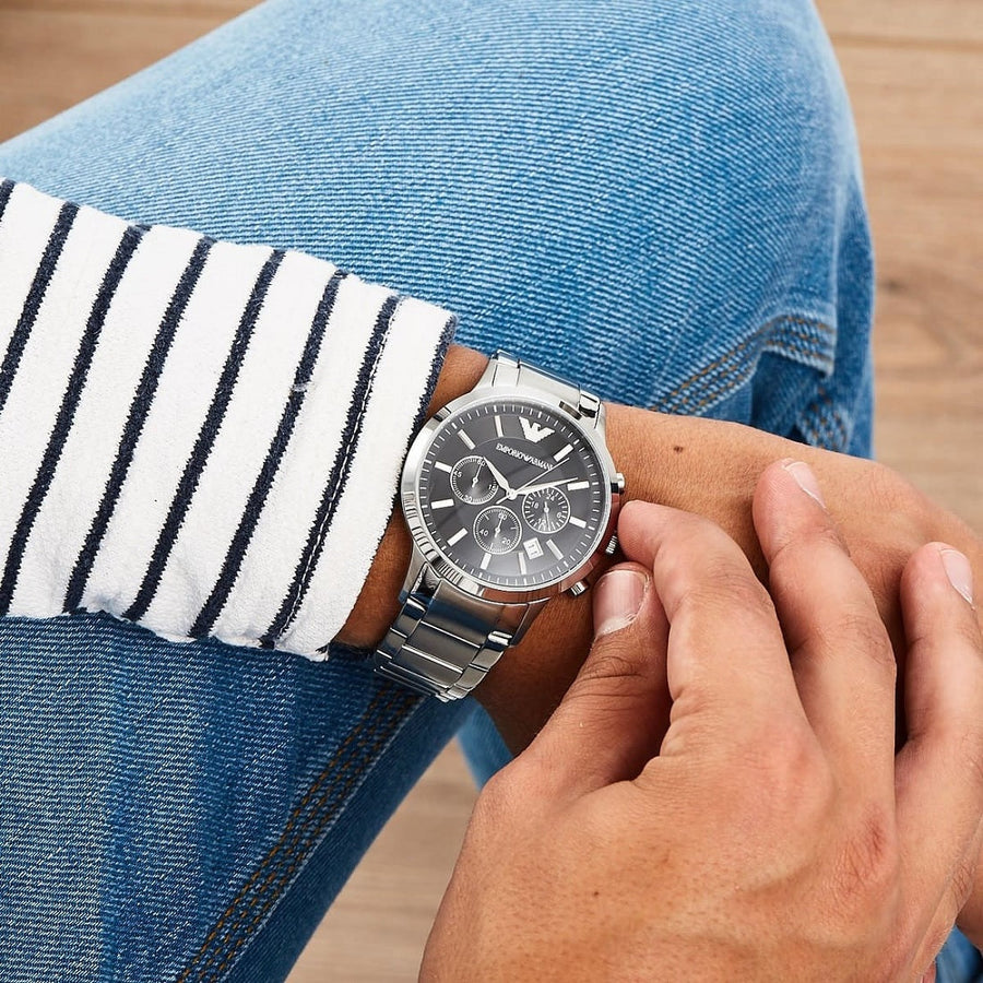 Front view of Emporio Armani AR2434 Renato with black dial and polished silver case